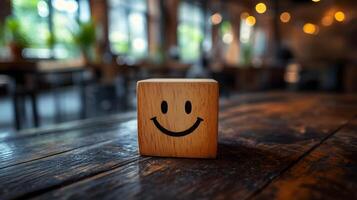 Wooden cube featuring simple smiley face stands against blurred modern office background. Warm bokeh lighting creates shallow depth of field in minimalist composition. depth photo