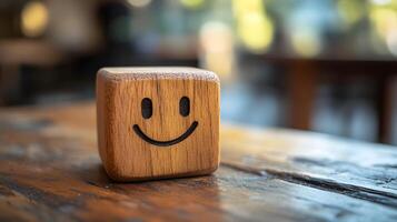 Wooden cube featuring simple smiley face stands against blurred modern office background. Warm bokeh lighting creates shallow depth of field in minimalist composition. minimalist photo