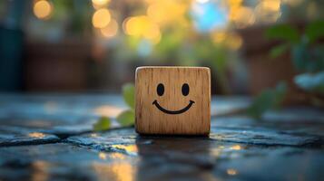 Wooden cube featuring simple smiley face stands against blurred modern office background. Warm bokeh lighting creates shallow depth of field in minimalist composition. wooden photo