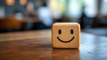 Wooden cube featuring simple smiley face stands against blurred modern office background. Warm bokeh lighting creates shallow depth of field in minimalist composition. warm photo