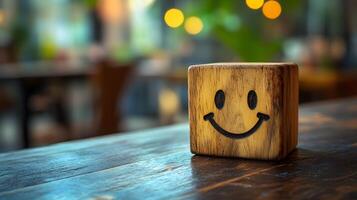 Wooden cube featuring simple smiley face stands against blurred modern office background. Warm bokeh lighting creates shallow depth of field in minimalist composition. modern photo