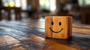 Wooden cube featuring simple smiley face stands against blurred modern office background. Warm bokeh lighting creates shallow depth of field in minimalist composition. blurred photo