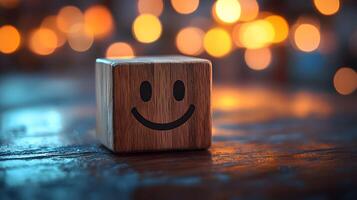 Wooden cube featuring simple smiley face stands against blurred modern office background. Warm bokeh lighting creates shallow depth of field in minimalist composition. playful photo