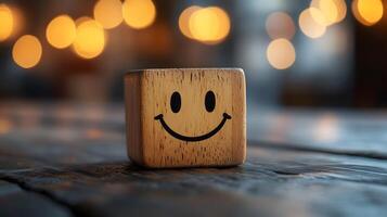 Wooden cube featuring simple smiley face stands against blurred modern office background. Warm bokeh lighting creates shallow depth of field in minimalist composition. simple photo