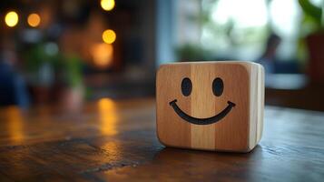 Wooden cube featuring simple smiley face stands against blurred modern office background. Warm bokeh lighting creates shallow depth of field in minimalist composition. happy photo