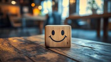 Wooden cube featuring simple smiley face stands against blurred modern office background. Warm bokeh lighting creates shallow depth of field in minimalist composition. cheerful photo
