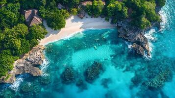 Pristine turquoise ocean waves meet sandy beach along rocky coastline, captured from aerial drone view. White foam waves crash against crystal clear water, creating dramatic coastal scenery. seaside photo