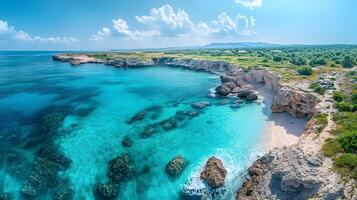 Pristine turquoise ocean waves meet sandy beach along rocky coastline, captured from aerial drone view. White foam waves crash against crystal clear water, creating dramatic coastal scenery. beach photo