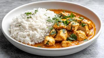 Tender chicken chunks in rich orange curry sauce rest on fluffy white jasmine rice. Fresh cilantro garnish adorns white ceramic plate in appetizing food photography presentation. appetizing photo