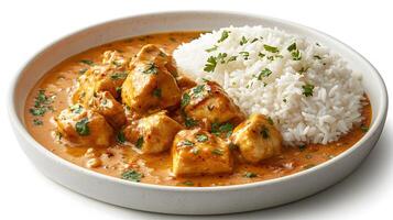 Tender chicken chunks in rich orange curry sauce rest on fluffy white jasmine rice. Fresh cilantro garnish adorns white ceramic plate in appetizing food photography presentation. presentation photo
