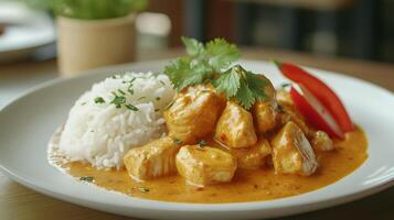 Tender chicken chunks in rich orange curry sauce rest on fluffy white jasmine rice. Fresh cilantro garnish adorns white ceramic plate in appetizing food photography presentation. fluffy photo