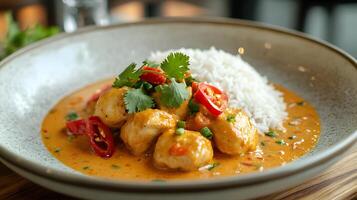 Tender chicken chunks in rich orange curry sauce rest on fluffy white jasmine rice. Fresh cilantro garnish adorns white ceramic plate in appetizing food photography presentation. garnish photo