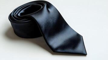 Elegant black silk necktie with collar displayed on pure white background. Minimalist business attire photography captures soft shadows and crisp details of luxury fashion accessory. sophisticated photo
