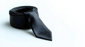 Elegant black silk necktie with collar displayed on pure white background. Minimalist business attire photography captures soft shadows and crisp details of luxury fashion accessory. background photo