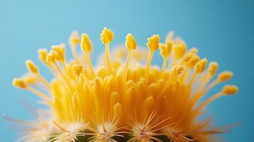 Golden barrel cactus displays striking yellow spines against soft baby blue background. Macro photography captures sharp detail of spines in clean modern aesthetic composition. blue photo