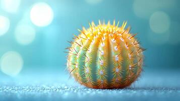Golden barrel cactus displays striking yellow spines against soft baby blue background. Macro photography captures sharp detail of spines in clean modern aesthetic composition. striking photo