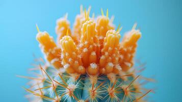 Golden barrel cactus displays striking yellow spines against soft baby blue background. Macro photography captures sharp detail of spines in clean modern aesthetic composition. clean photo