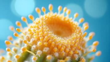 Golden barrel cactus displays striking yellow spines against soft baby blue background. Macro photography captures sharp detail of spines in clean modern aesthetic composition. macro photo