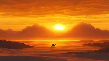 Lone camel traverses vast desert dunes during golden sunset, with windswept sand creating dramatic Sahara landscape. Warm orange tones fill dusty atmosphere while silhouetted mountains golden photo