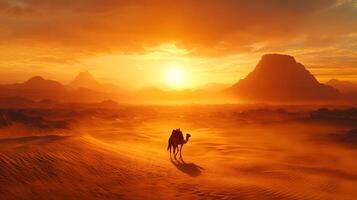 Lone camel traverses vast desert dunes during golden sunset, with windswept sand creating dramatic Sahara landscape. Warm orange tones fill dusty atmosphere while silhouetted mountains vast photo