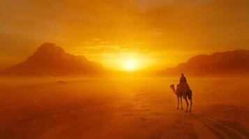 Lone camel traverses vast desert dunes during golden sunset, with windswept sand creating dramatic Sahara landscape. Warm orange tones fill dusty atmosphere while silhouetted mountains sunlight photo