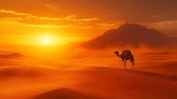 Lone camel traverses vast desert dunes during golden sunset, with windswept sand creating dramatic Sahara landscape. Warm orange tones fill dusty atmosphere while silhouetted mountains horizon photo