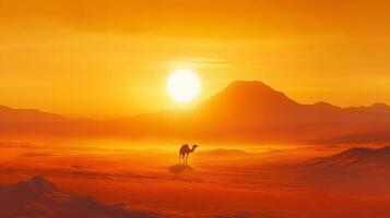 Lone camel traverses vast desert dunes during golden sunset, with windswept sand creating dramatic Sahara landscape. Warm orange tones fill dusty atmosphere while silhouetted mountains remote photo