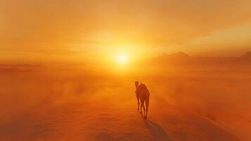 Lone camel traverses vast desert dunes during golden sunset, with windswept sand creating dramatic Sahara landscape. Warm orange tones fill dusty atmosphere while silhouetted mountains solitary photo