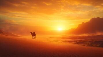Lone camel traverses vast desert dunes during golden sunset, with windswept sand creating dramatic Sahara landscape. Warm orange tones fill dusty atmosphere while silhouetted mountains dunes photo