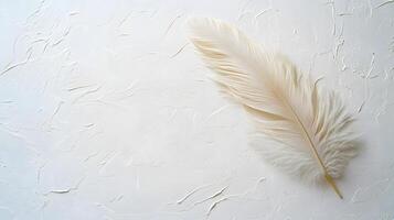Single beige feather rests on pure white textured background in right-aligned position. Soft natural lighting emphasizes delicate details in clean minimalist composition. lighting photo