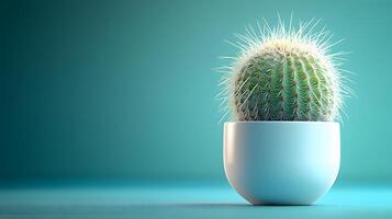 Small barrel cactus sits in white minimalist pot against soft mint green background. Right-aligned composition highlights sharp spines detail with gentle gradient lighting. background photo