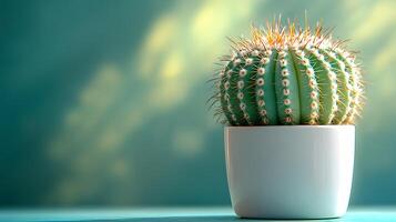 Small barrel cactus sits in white minimalist pot against soft mint green background. Right-aligned composition highlights sharp spines detail with gentle gradient lighting. pot photo