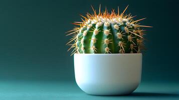 Small barrel cactus sits in white minimalist pot against soft mint green background. Right-aligned composition highlights sharp spines detail with gentle gradient lighting. minimalist photo