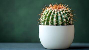 Small barrel cactus sits in white minimalist pot against soft mint green background. Right-aligned composition highlights sharp spines detail with gentle gradient lighting. barrel photo