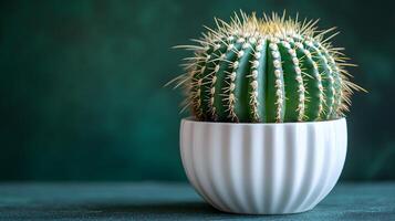 Small barrel cactus sits in white minimalist pot against soft mint green background. Right-aligned composition highlights sharp spines detail with gentle gradient lighting. mint photo