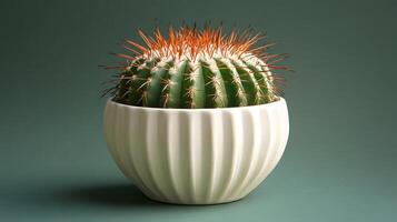 Small barrel cactus sits in white minimalist pot against soft mint green background. Right-aligned composition highlights sharp spines detail with gentle gradient lighting. green photo