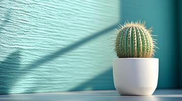 Small barrel cactus sits in white minimalist pot against soft mint green background. Right-aligned composition highlights sharp spines detail with gentle gradient lighting. sharp photo