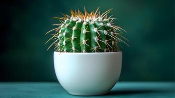 Small barrel cactus sits in white minimalist pot against soft mint green background. Right-aligned composition highlights sharp spines detail with gentle gradient lighting. gentle photo
