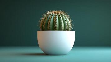 Small barrel cactus sits in white minimalist pot against soft mint green background. Right-aligned composition highlights sharp spines detail with gentle gradient lighting. rightaligned photo