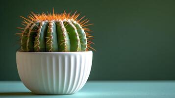 Small barrel cactus sits in white minimalist pot against soft mint green background. Right-aligned composition highlights sharp spines detail with gentle gradient lighting. botanical photo