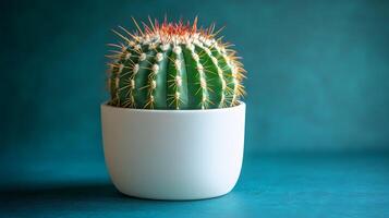 Small barrel cactus sits in white minimalist pot against soft mint green background. Right-aligned composition highlights sharp spines detail with gentle gradient lighting. succulent photo