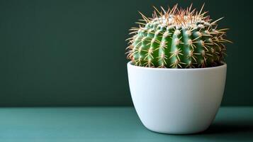 Small barrel cactus sits in white minimalist pot against soft mint green background. Right-aligned composition highlights sharp spines detail with gentle gradient lighting. plant photo
