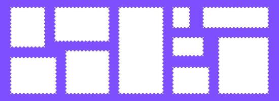 White postage stamps set. Post stamp frames and borders. Rectangle and square template for mail, postcard, letter, note. Jagged wavy edge forms. Zigzag objects for badge, sticker, photo vector