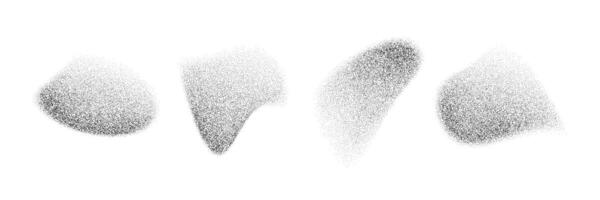 Liquid fading dotted gradient shapes. Black stippled object set. Grainy spray spots and stains. Noise splashes and splatters forms. Dissolve sand dust texture. Abstract fluid halftone elements vector