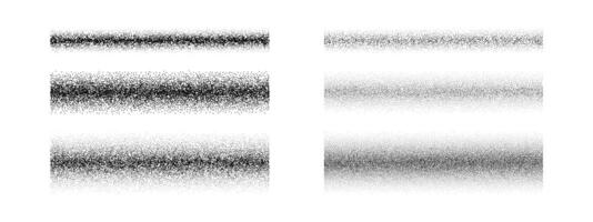 Black dotted gradient texture set. Stippled grain brush element collection. Fading scatter noise pattern pack. Spray dot line strokes background. Rectangle grainy sand bundle vector