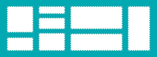 White postage stamps set. Post stamp frames and borders. Rectangle and square template for mail, postcard, letter, note. Jagged wavy edge forms. Zigzag objects for badge, sticker, photo, frame vector