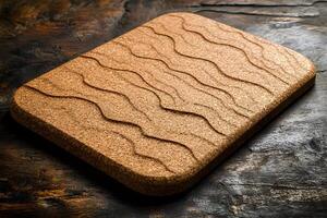 Natural Cork Cutting Board with Carved Wavy Pattern on Rustic Wooden Surface photo