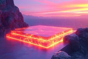 Futuristic Sci-Fi Landscape with Glowing Platform at Sunset Ocean View photo