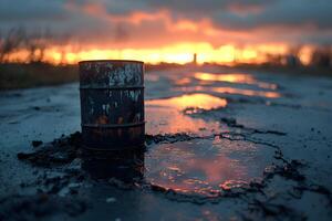Rustic Barrel at Sunset on Wet Road Atmospheric Landscape for Poster Design photo