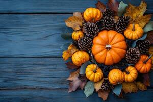 Autumn Harvest Wreath with Pumpkins and Pine Cones on Rustic Blue Wooden Background photo